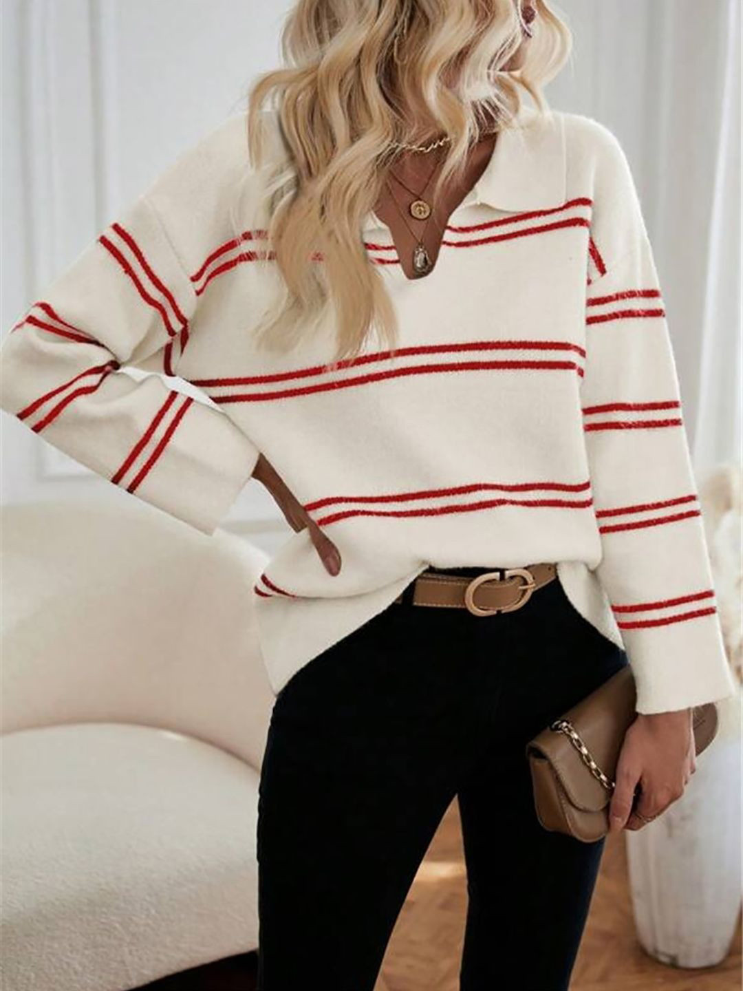 StyleCast Women Striped Shirt Collar Long Sleeve Pullover
