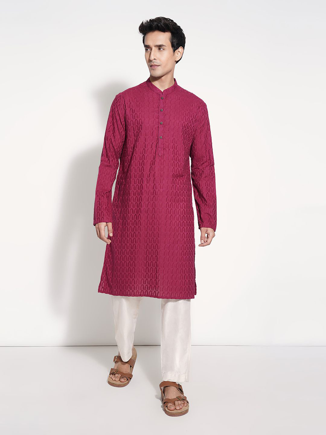 indus route by Pantaloons Men Sold Woven Design Thread Work Dobby Straight Kurta