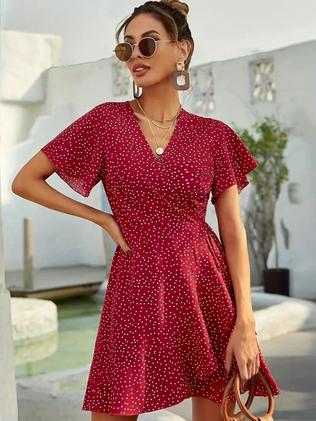 M&H Easy Polka Dot Printed Flutter Sleeve Wrap Above Knee Dress