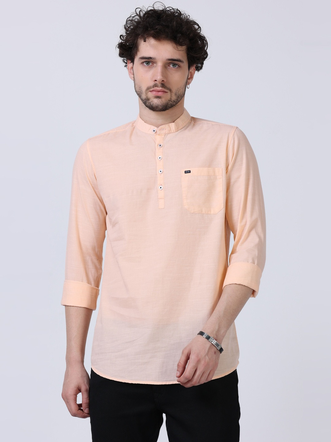 Rocket Science Men Orange Linen Solid Kurta