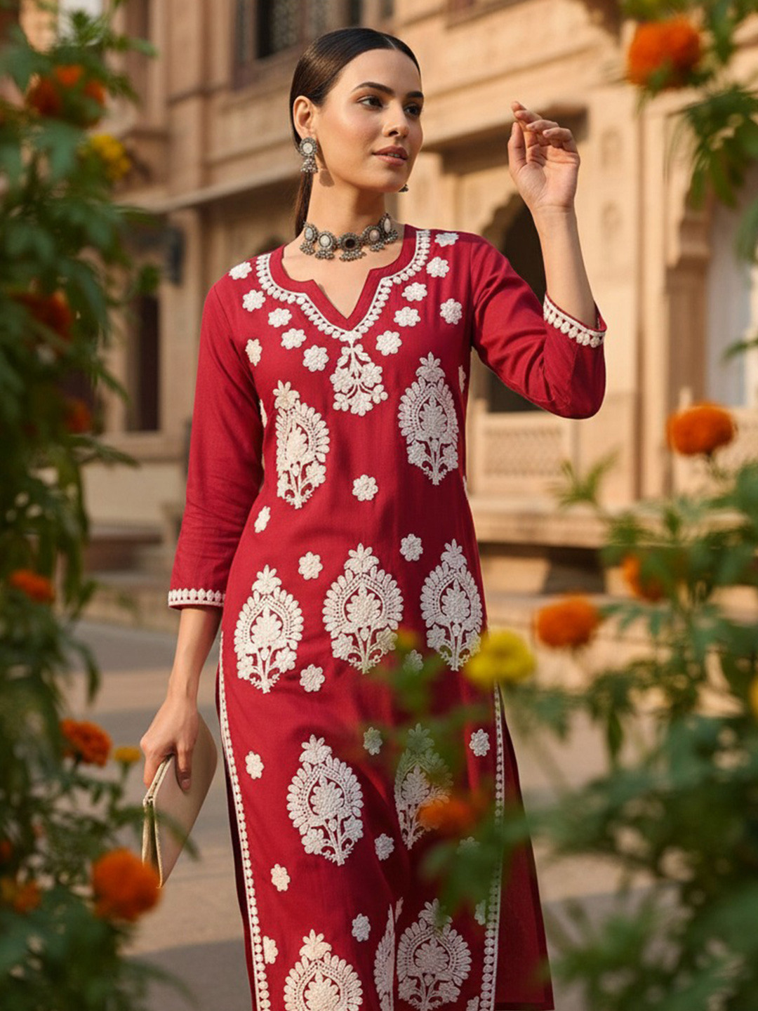 KALINI Round Neck Thread Work Straight Kurta