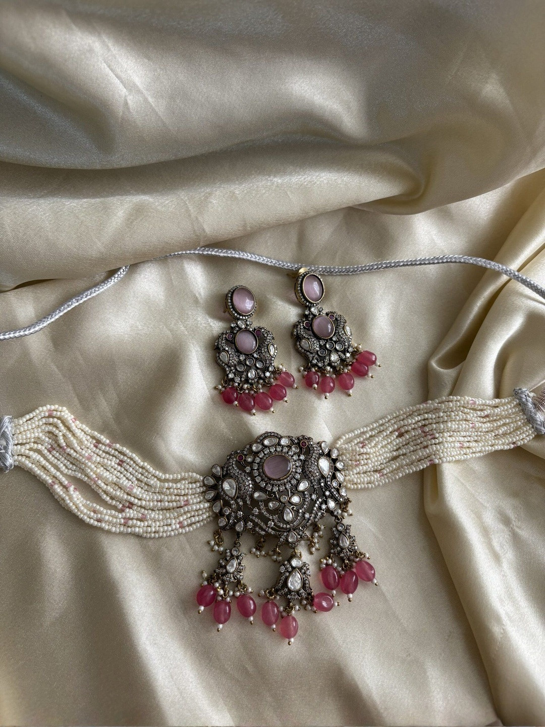 JOSYA Jigisha Polki Artificial Stones Studded And Beaded Choker Jadau Necklace & Earrings