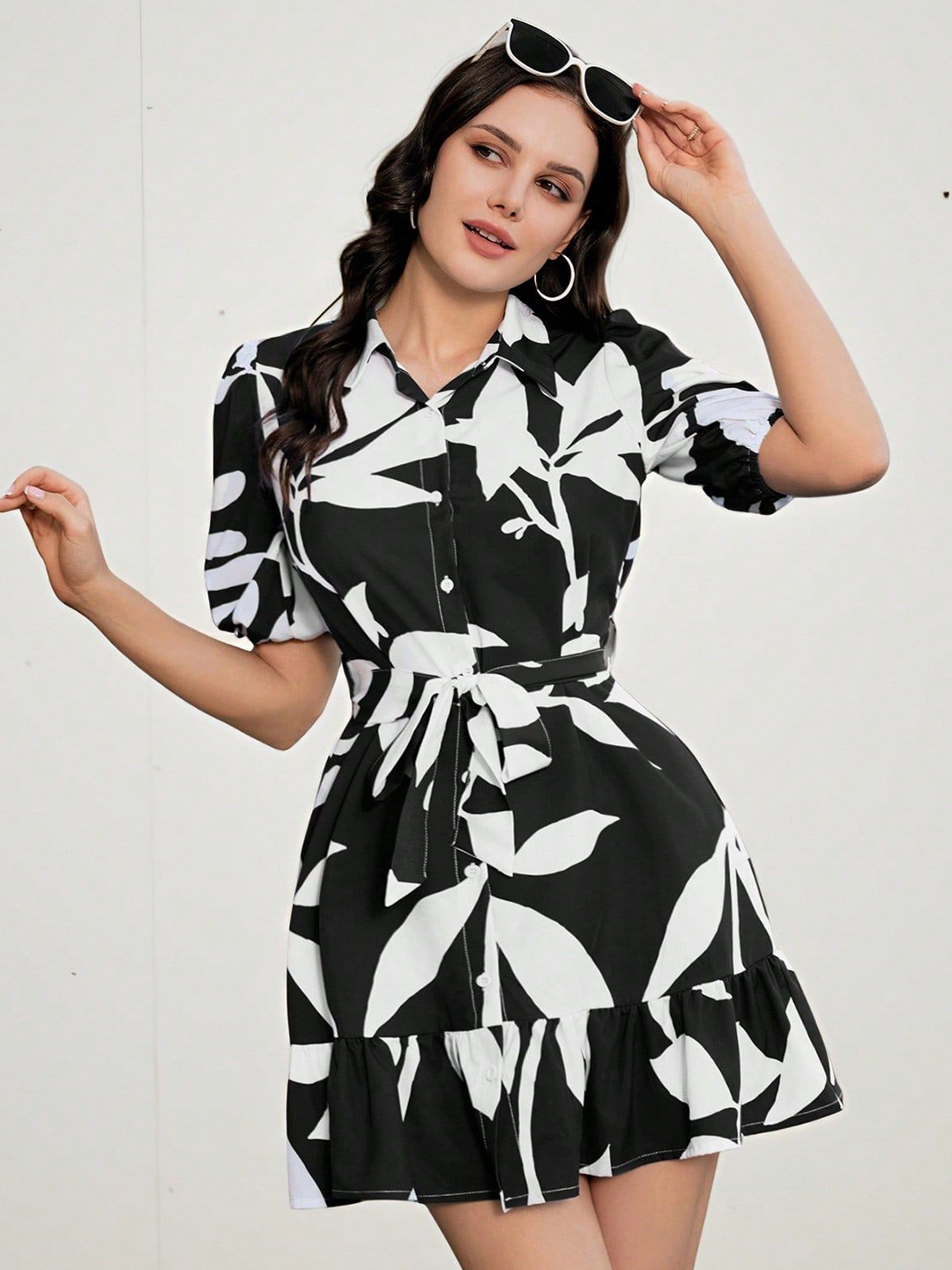 M&H Easy Floral Printed Shirt Collar Puff Sleeve Drop-Waist Mini Dress