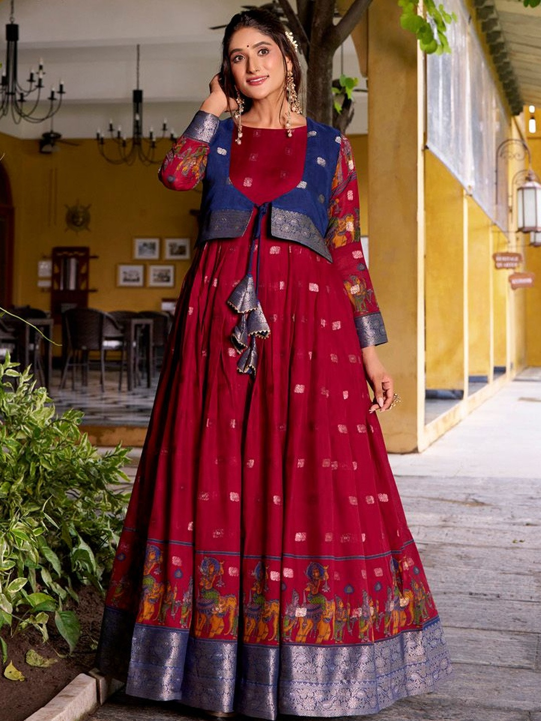 LOOKNBOOK ART Women Poly Cotton Zari Butta Woven Design Gown With Jacket