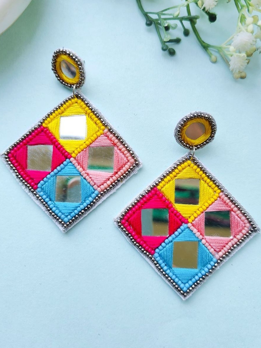 Crunchy Fashion Artificial Beaded Diamond Shaped Mirror Drop Earrings
