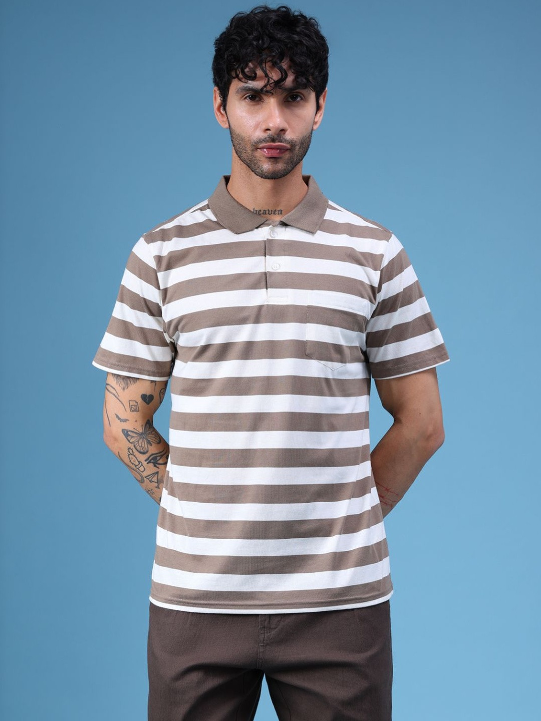 LIMEROAD Men Brown Stripes Poly Cotton Polo Neck Casual Polo-T-Shirt