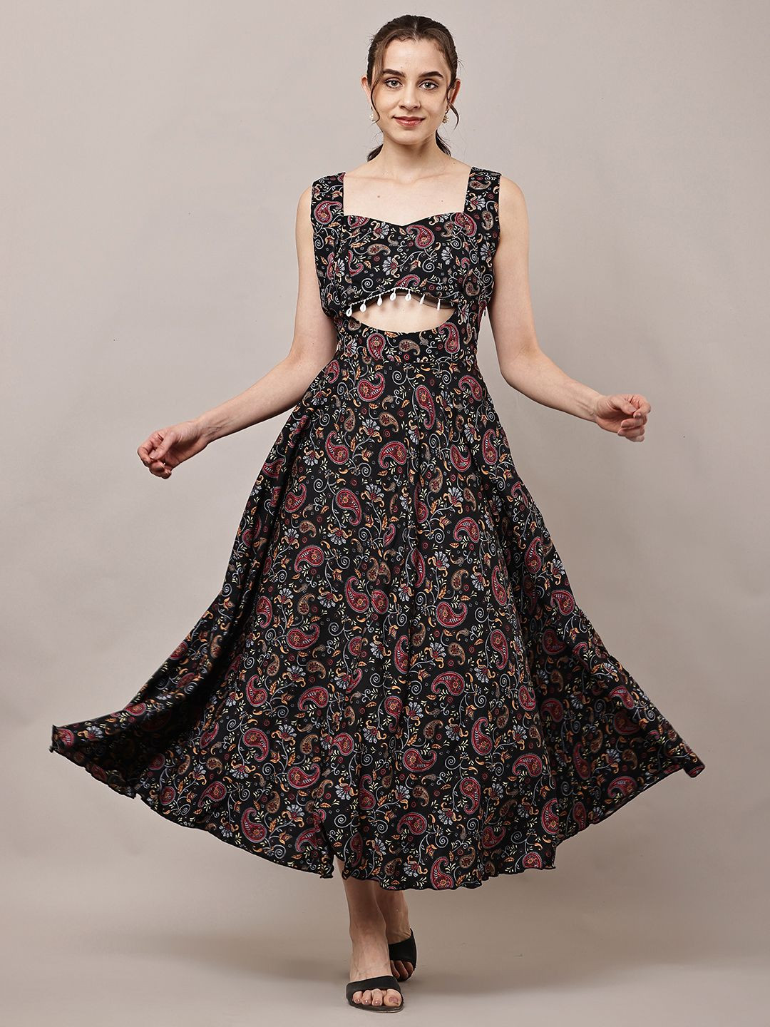 CNQFS FASHION Women Paisley Printed Cut-Outs Sleeveless Long Gown Dress