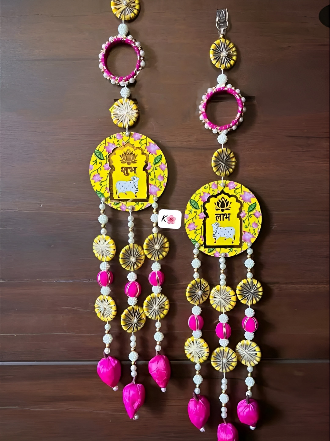 Sellplus Pack of 2 Pink & Yellow Textured Pichwai Cow Lotus Buds Hanging Torans