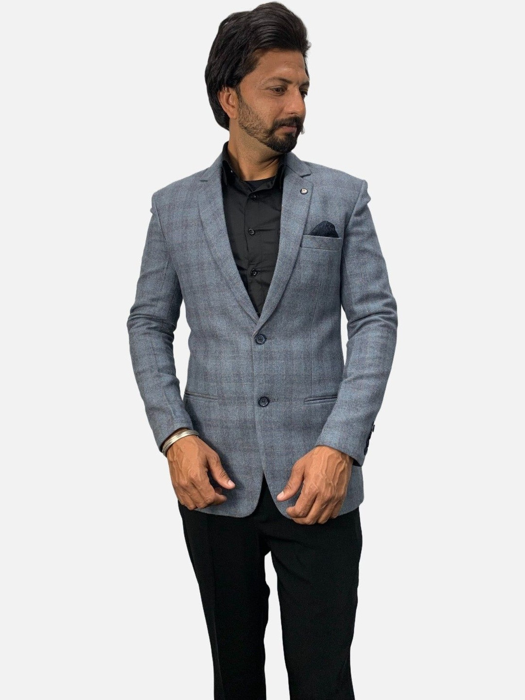 GARGIAN Master Cut Men Light Blue Check Printed Wool Blend Formal Blazers