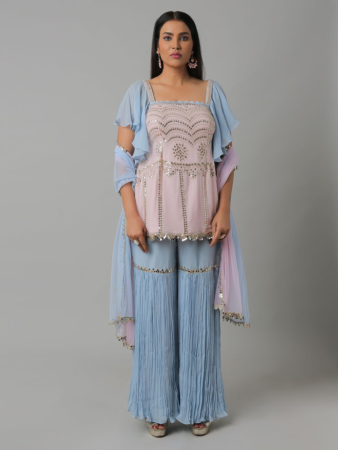 PUSHP PARIDHAN Women Ethnic Motifs Embroidered A-Line Kurti with Sharara & Dupatta