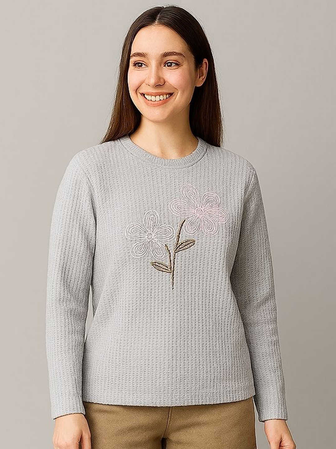 Wineberry Women Self Design Embroidered Full Sleeve Sweatshirt