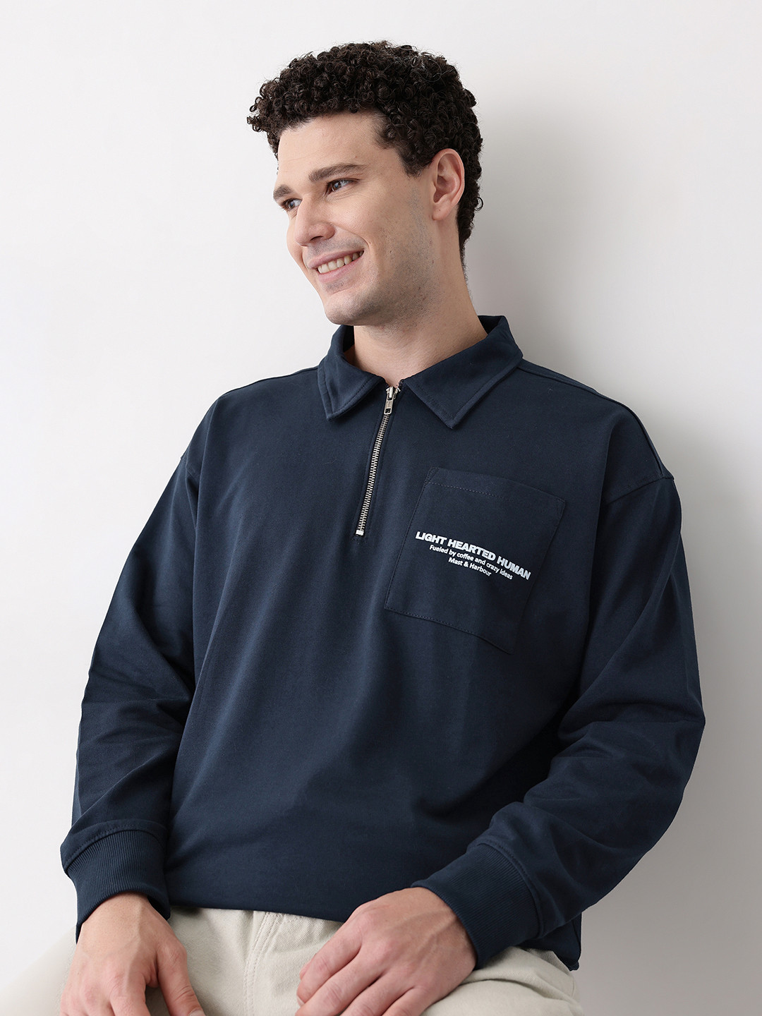 Mast & Harbour Printed Half-Zipper Chest Pocket Sweatshirt