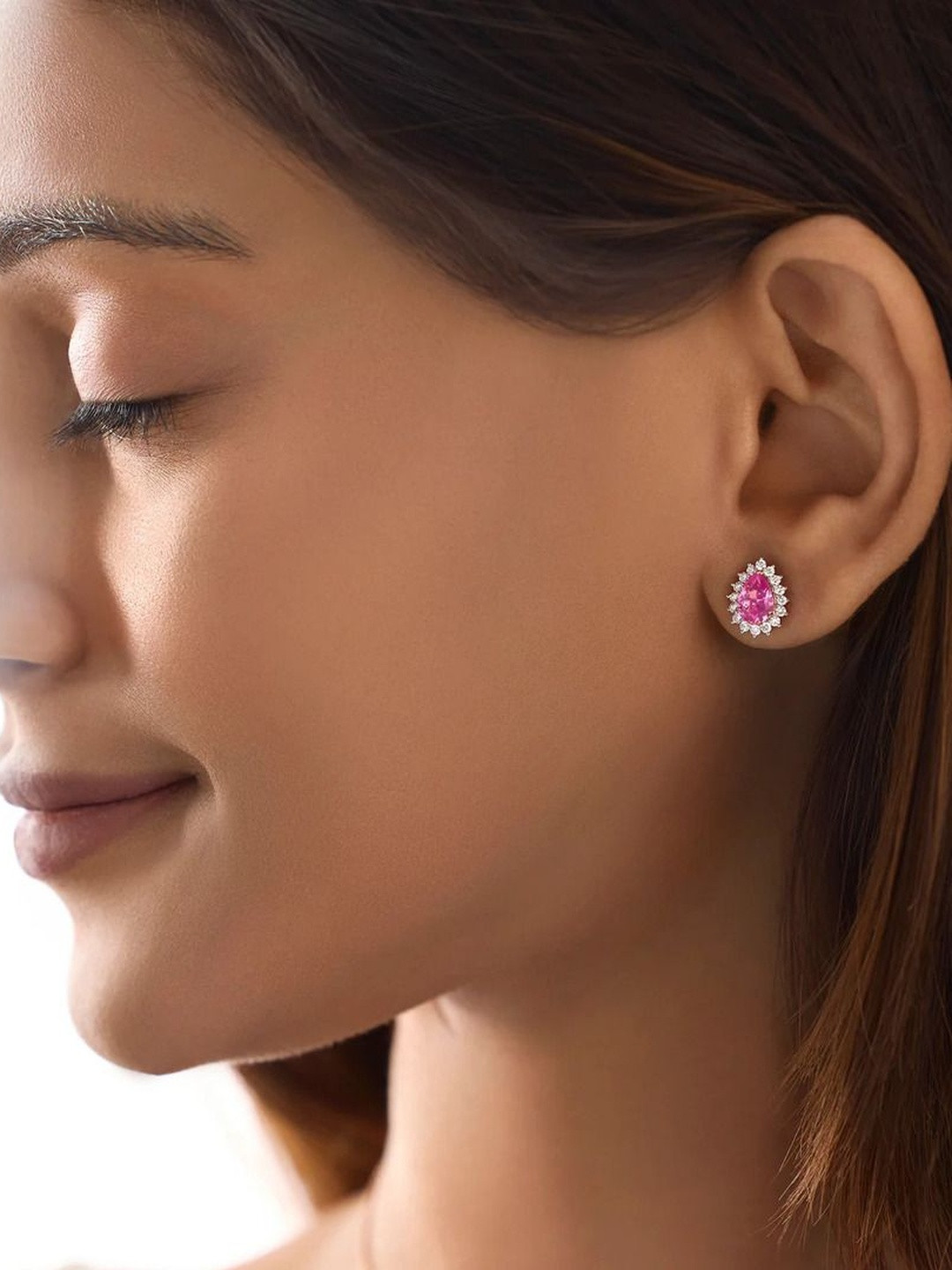 BAYAN JEWELRY Pink Sapphire And Lab Grown Diamond Studs Earrings
