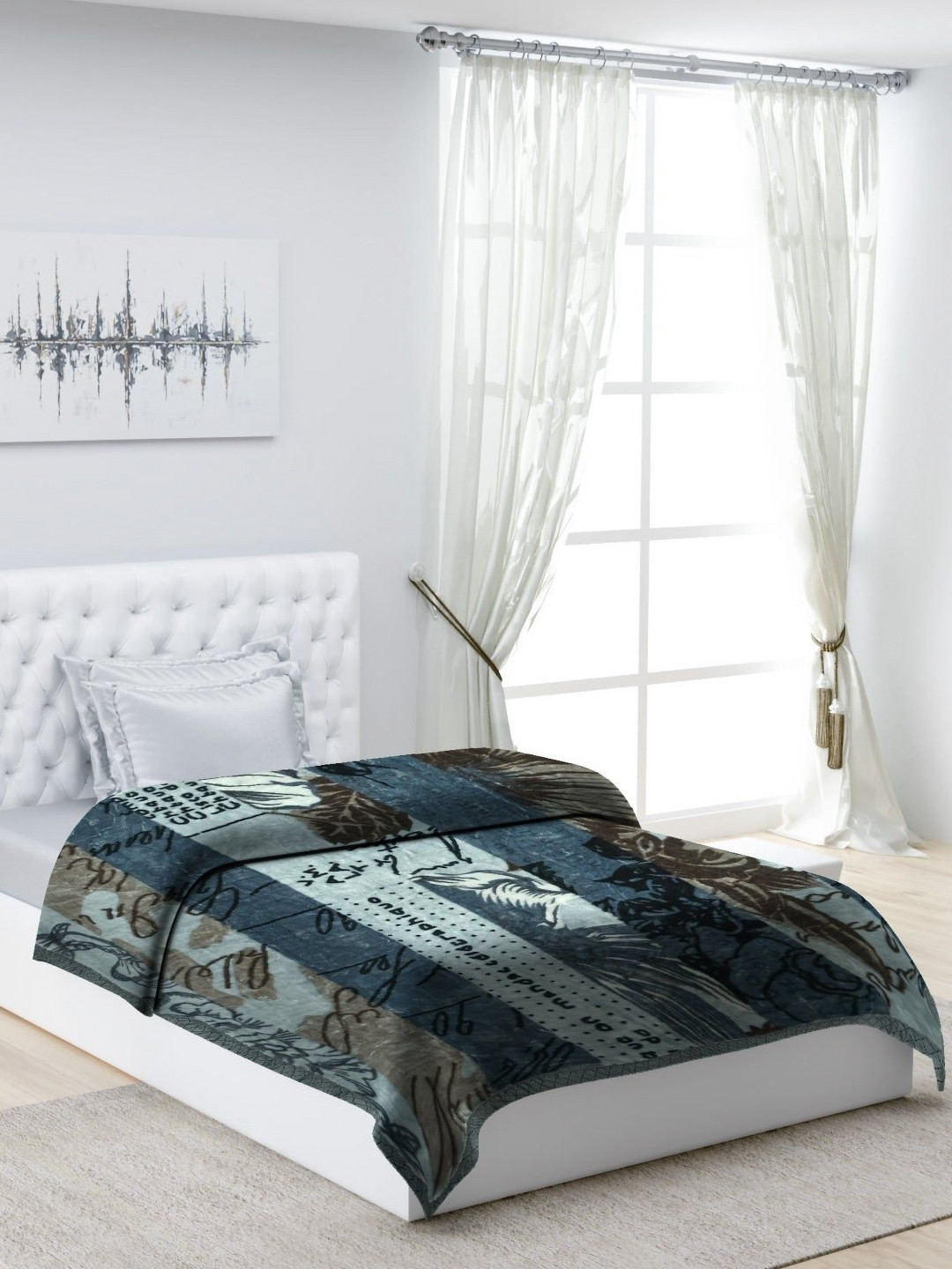 Monte Carlo Green & Blue Abstract Printed Heavy Winter Single Bed Blanket 1022 GSM
