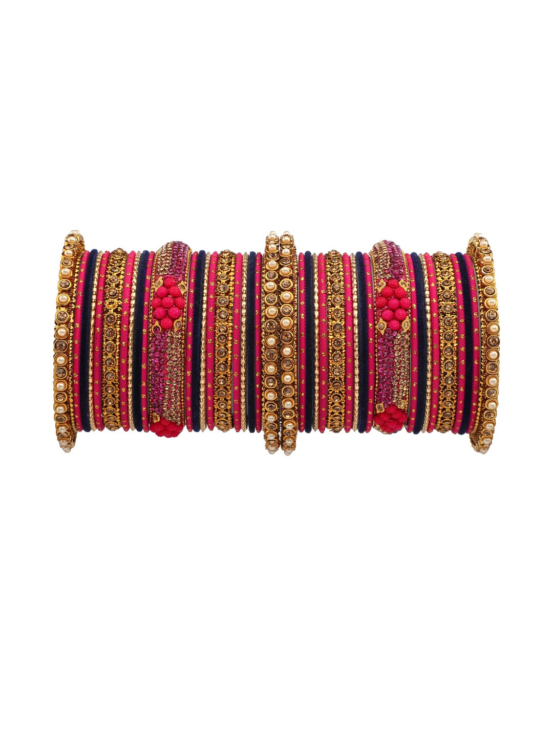 GLIKA Women 42 Pieces Of Pink Magenta & Gold-Toned Zircon & Pearls Studded Metal Bangles
