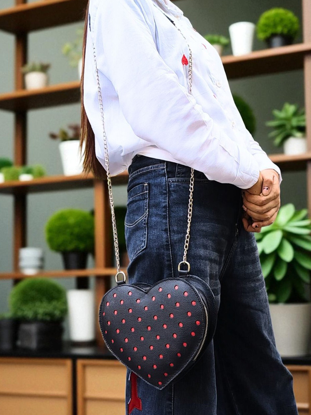 PERKED HEART Embellished Leather Structured Sling Bag