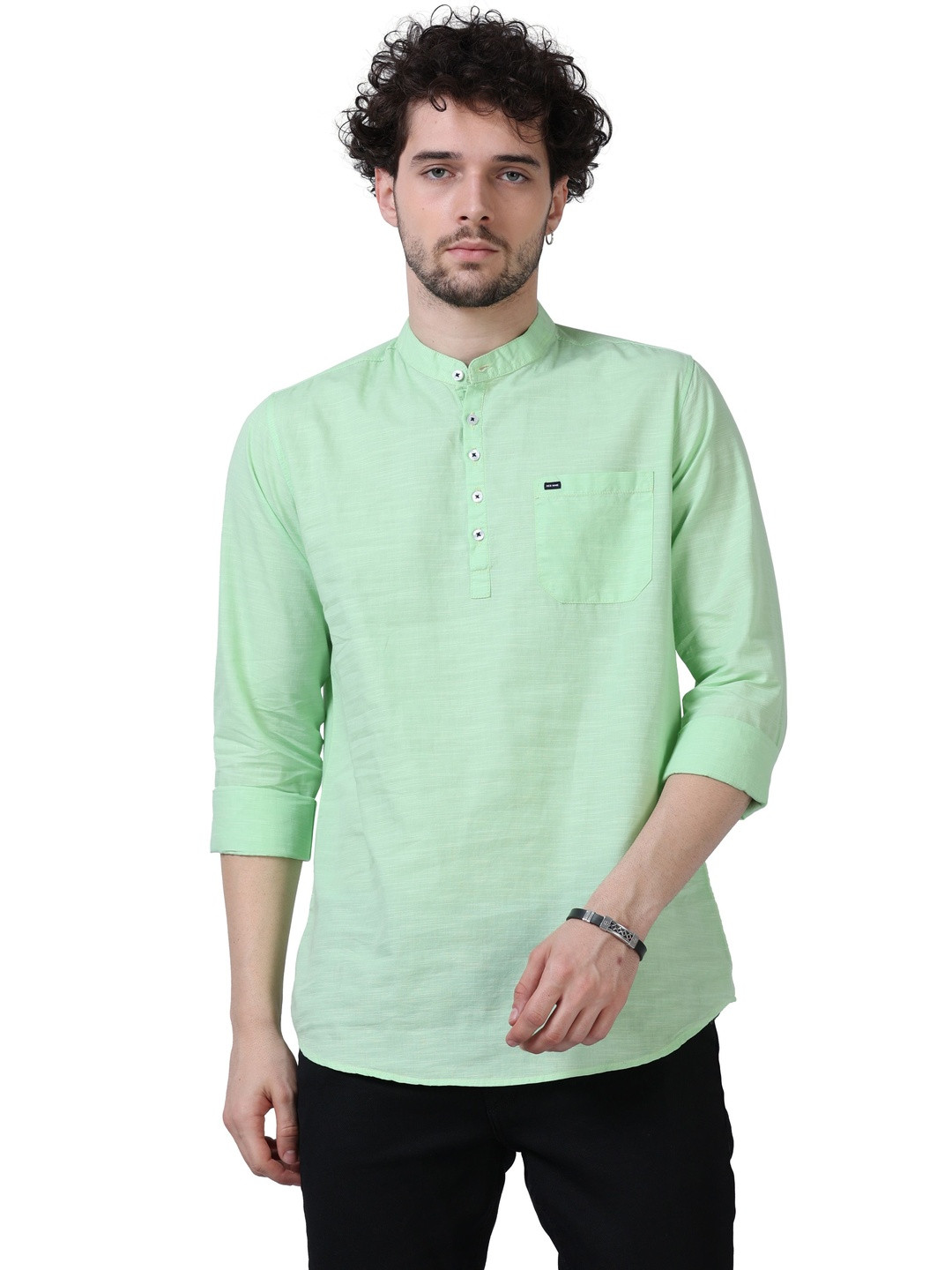 Rocket Science Men Green Solid Mandarin Collar Linen Straight Kurta