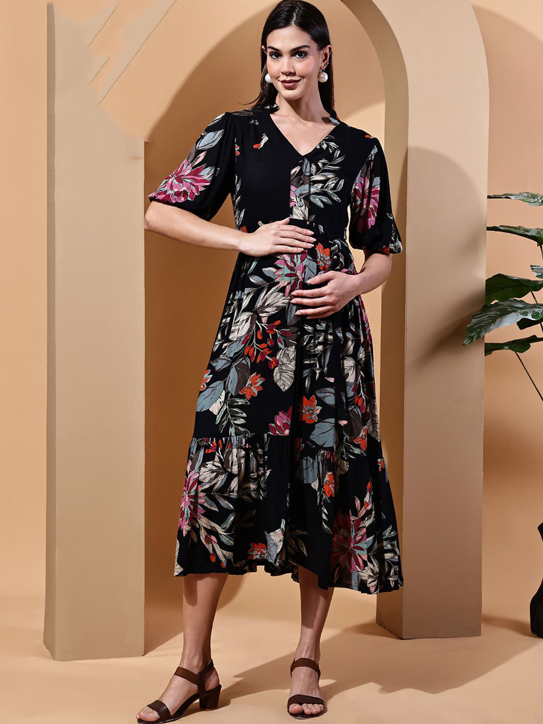 Moms Maternity BBD Sale Collection 2025  Maternity Ethnic Printed A-Line Tired Midi Dress