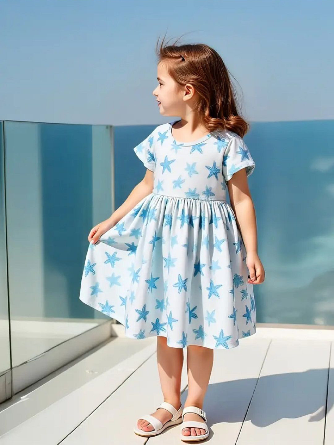 Miss & Chief Girls Stars Printed Gathered Fit & Flare Dress