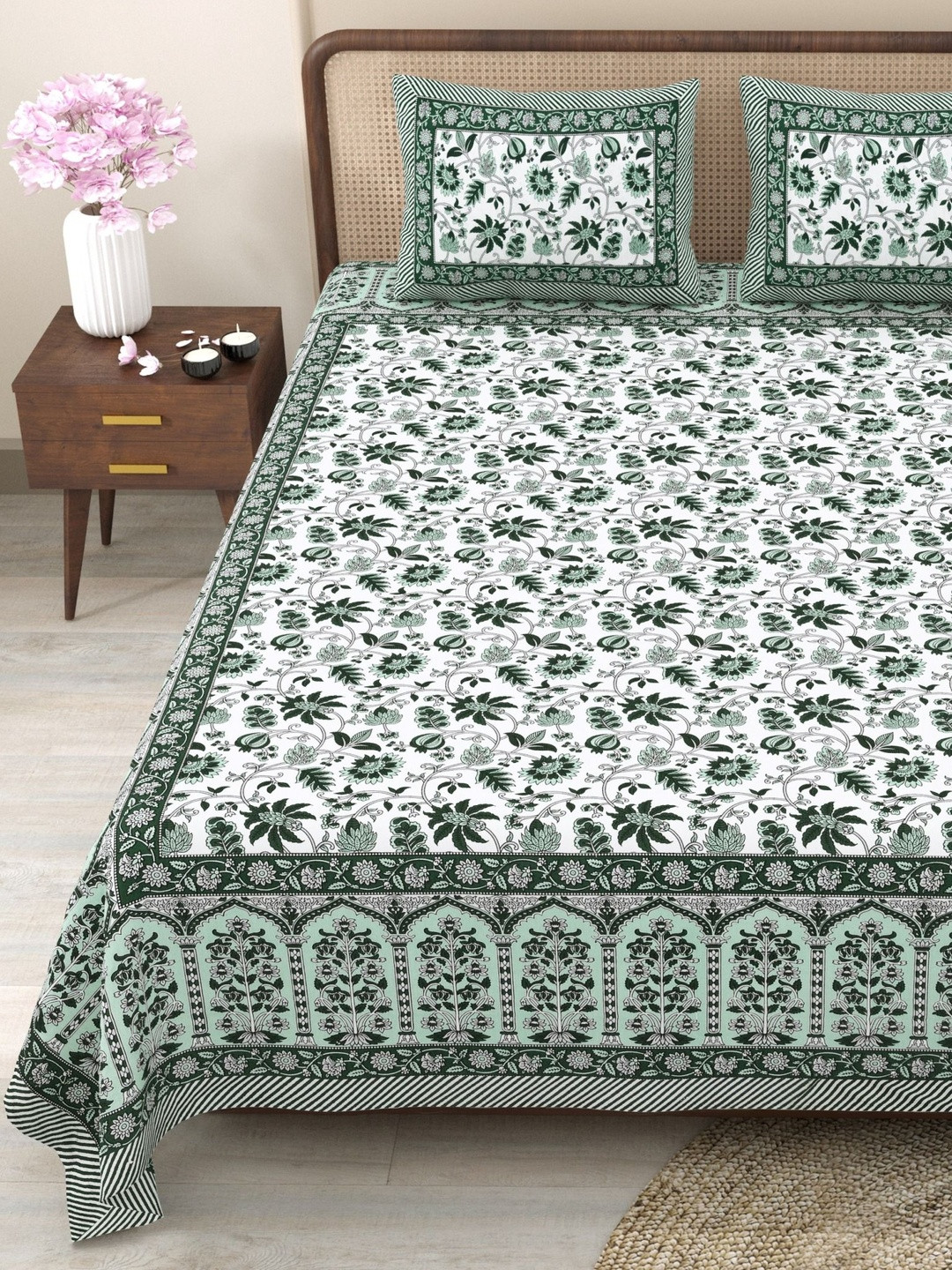 Myntra Elegant Homes Green Pure Cotton Floral King Size Bedsheets with Pillow Cover Set