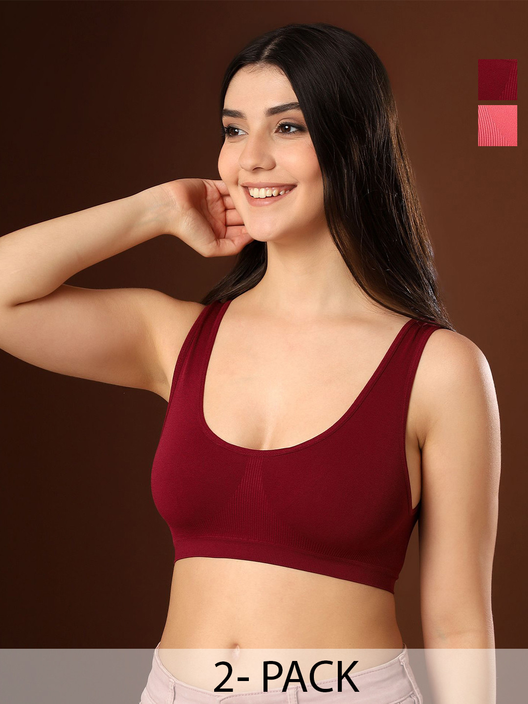 PAAVKI Pack of 2 Full Coverage Non-Padded Broad Straps Seamless Cotton Workout Bra