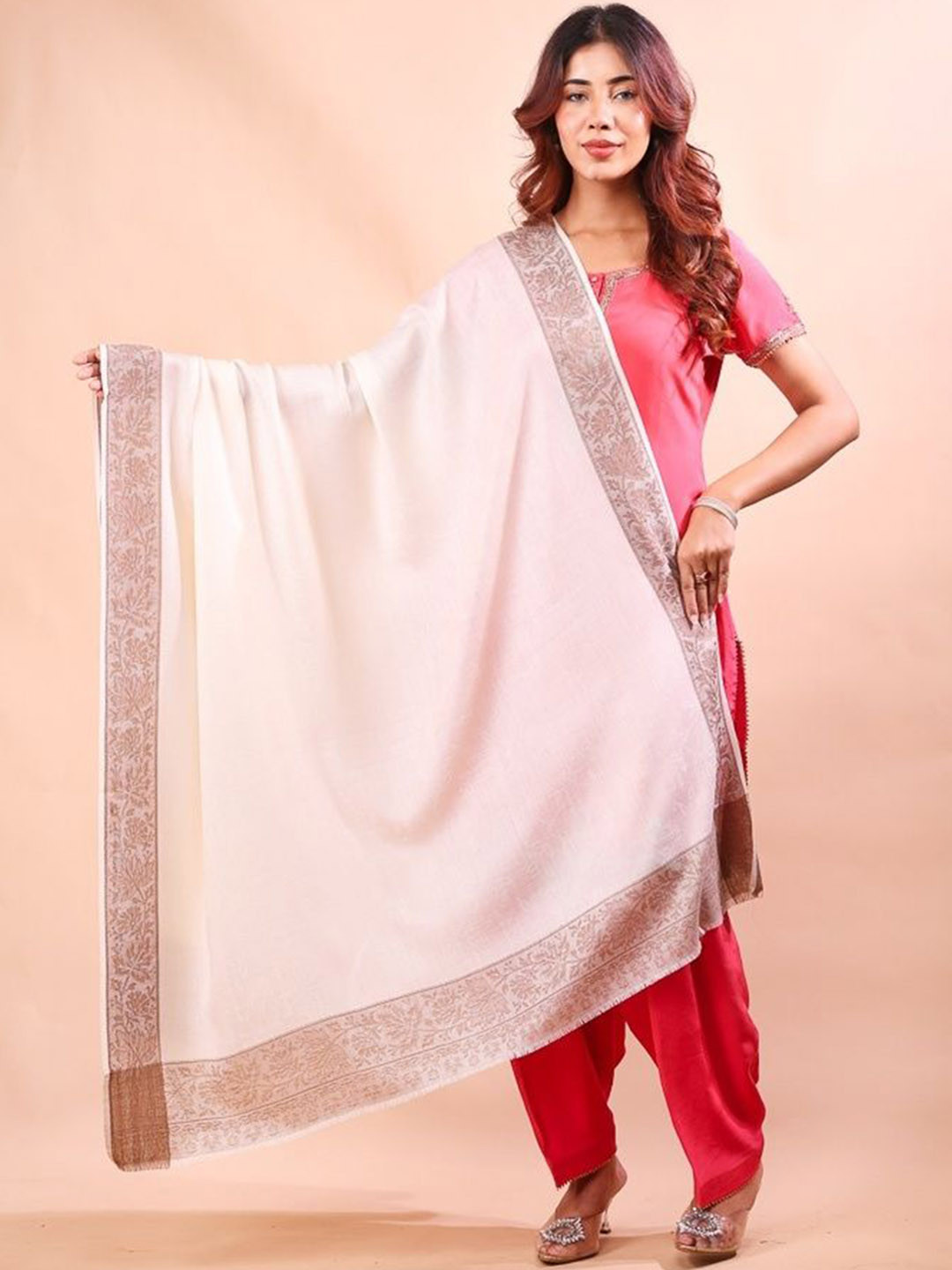 THE SHAWL STUDIO Woven Design Border Pure Woollen Shawl