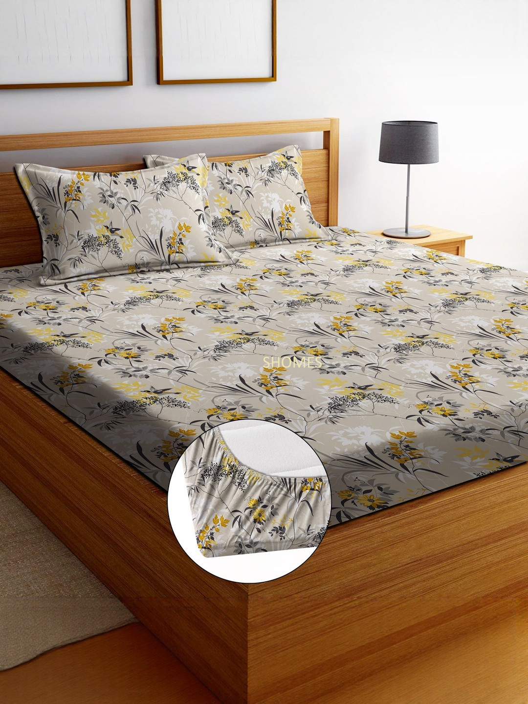 SHOMES Cream Floral 250 TC Fitted Double King Bedsheet with 2 Pillow Covers