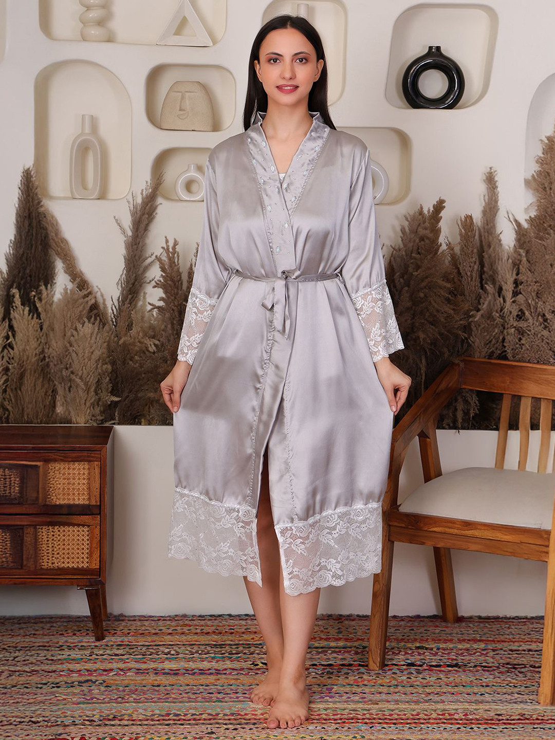 HOUSE OF ELORRA Lace Detail Wrap Midi Nightdress