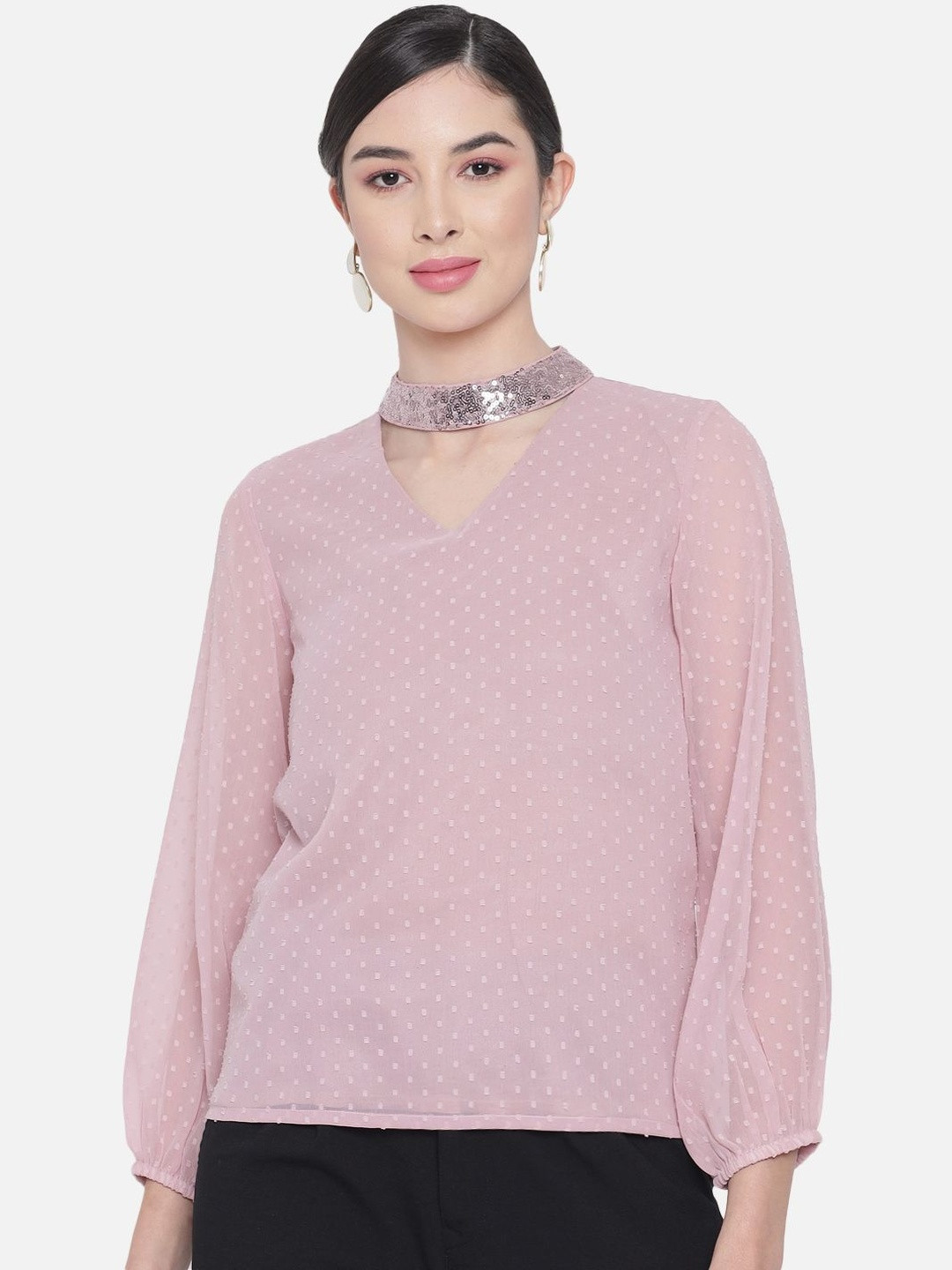 OTIRA Women's Pink V-neck Geometric Regular Top