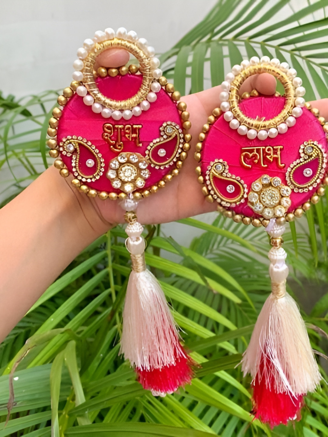 Sellplus Set Of 2 Pink & White Textured Shubh Labh Booti Tassel Hanging Torans