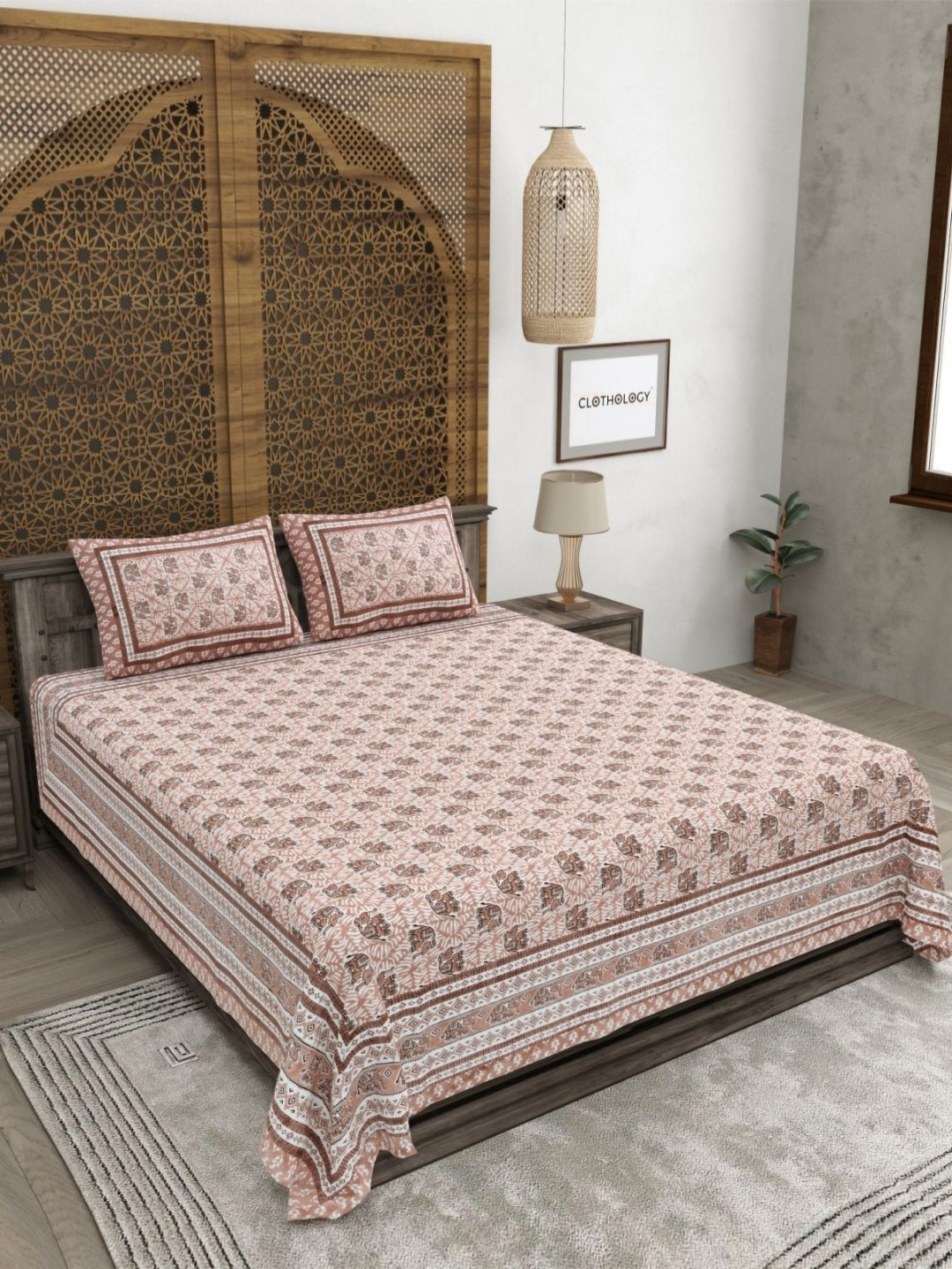 CLOTHOLOGY Rustic Earth Elephant Motif The Gajraj Heritage 180 TC Cotton King Bedsheet with 2 Pillow Cover