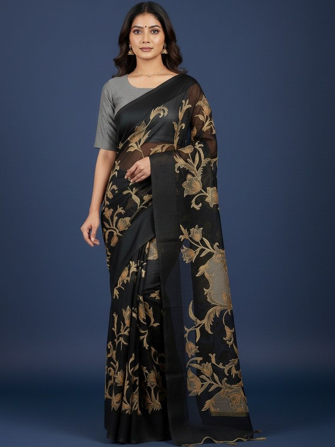 Peachmode Grey Floral Brasso Saree