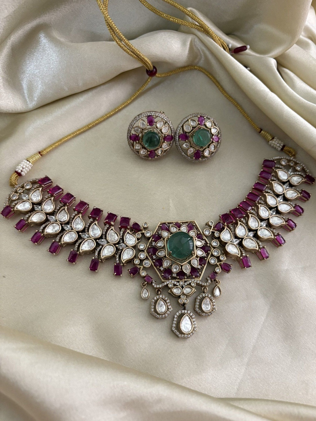 JOSYA Gold-Plated Manik Polki Cubic Zirconia Studded Necklace With Earrings