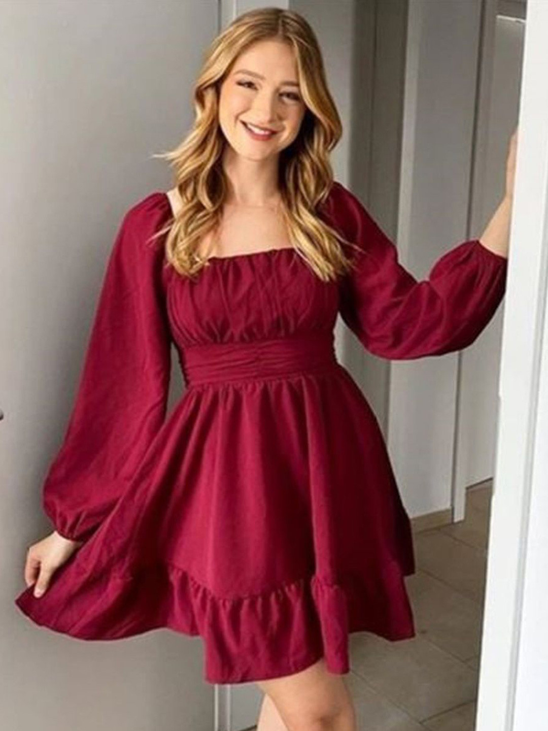 FLORINES Women Square Neck Puff Sleeve Ruffled Fit & Flare Dress