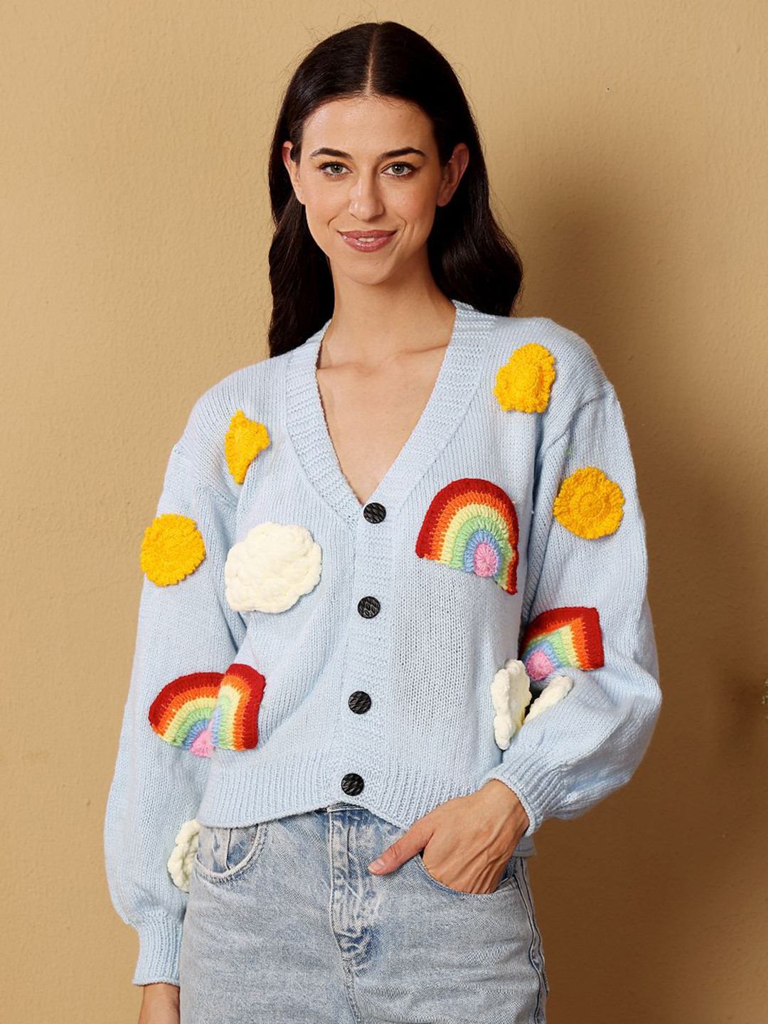 Velvery Women Applique Cardigan V-Neck Long Sleeves Cardigan