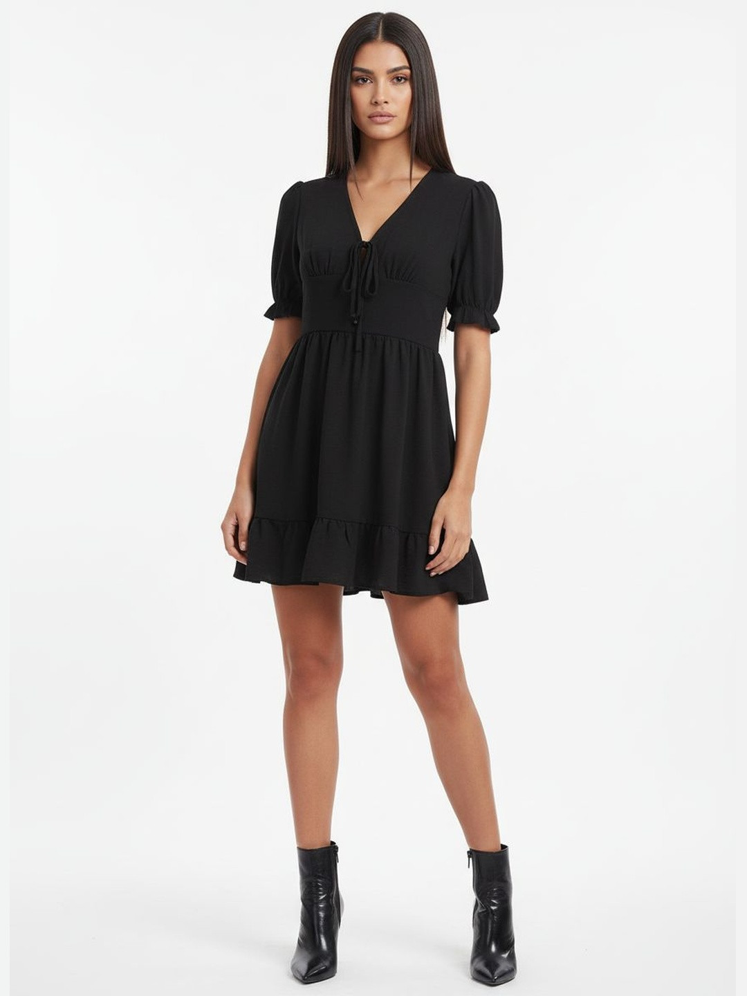 DressBerry Puff Sleeves A-Line Dress with Ruffled Detail