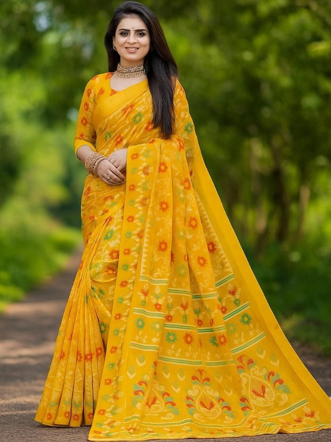 Moda Rapido Women Yellow Cotton Silk Floral Saree
