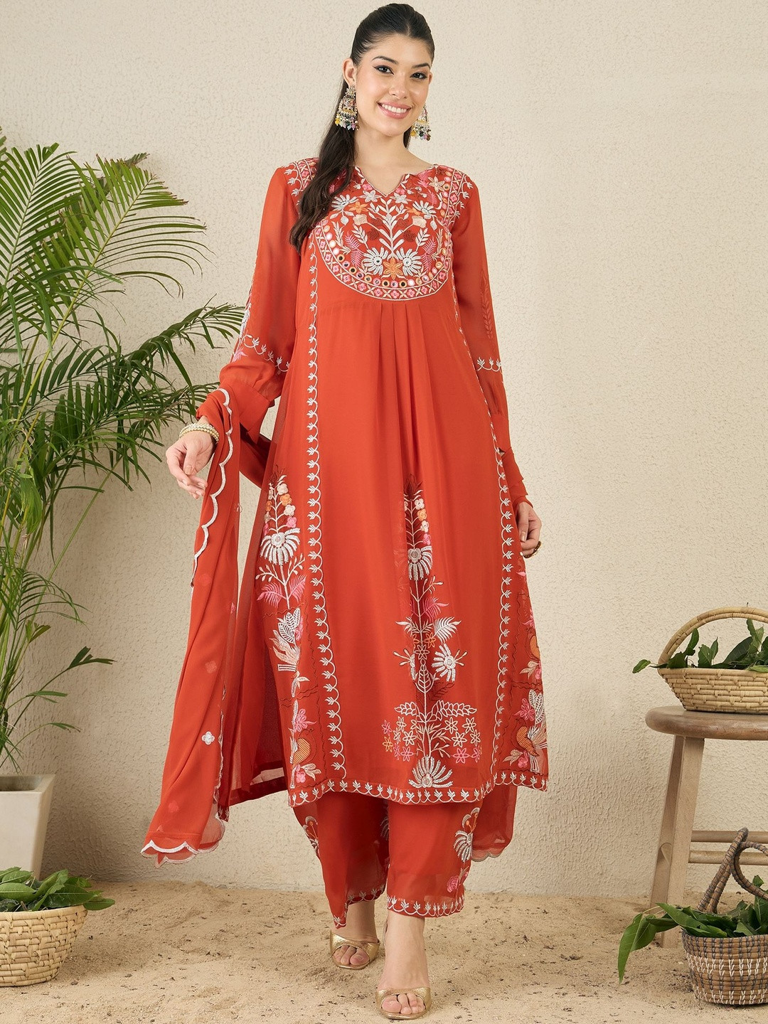 SERONA FABRICS Women Rust Embroidered Georgette Kurta Sets With Dupatta