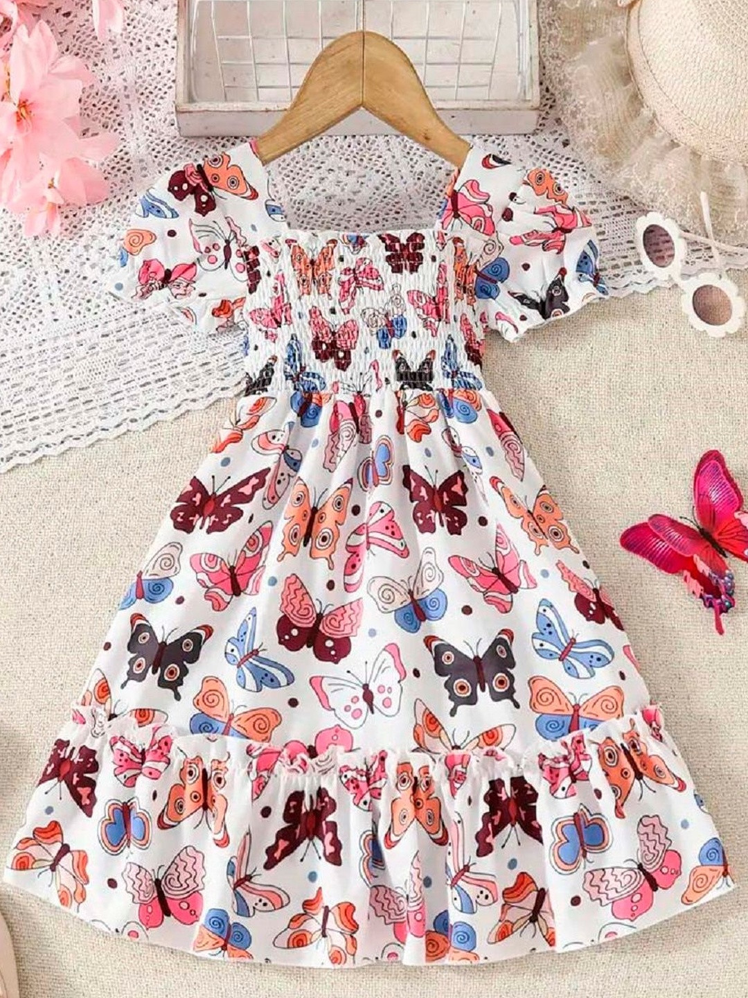 Billion Girls Butterfly Printed Puff Sleeve Fit & Flare Dress