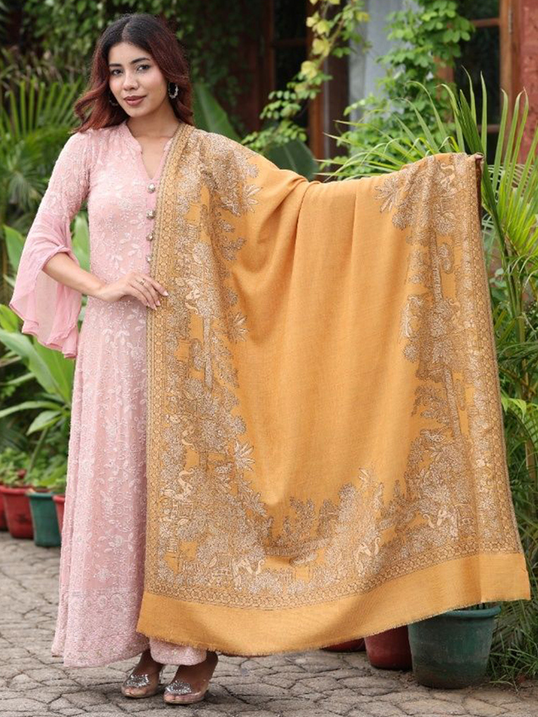 THE SHAWL STUDIO Ethnic Motifs Woven Design Elephant Border Resham Kani Shawl