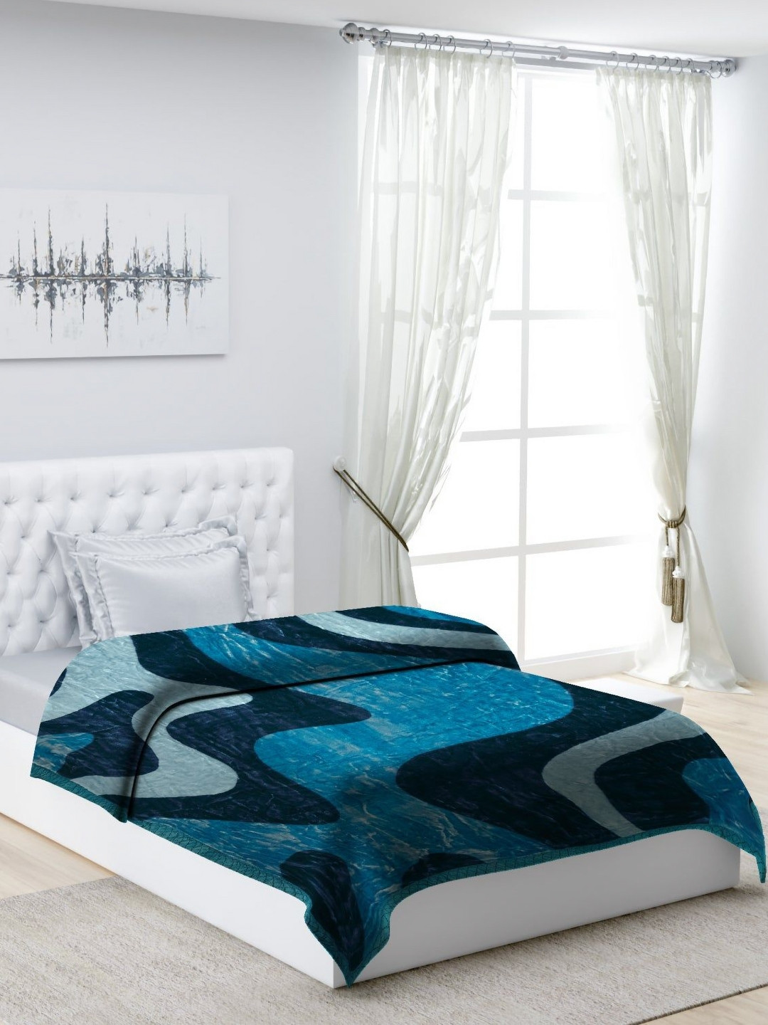 Monte Carlo Blue & Black Abstract Printed Heavy Winter Single Bed Blanket 1022 GSM