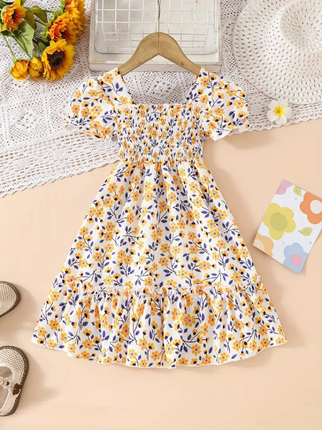 White World Girls Solid Square Neck Fit and Flare Knee Length Dress