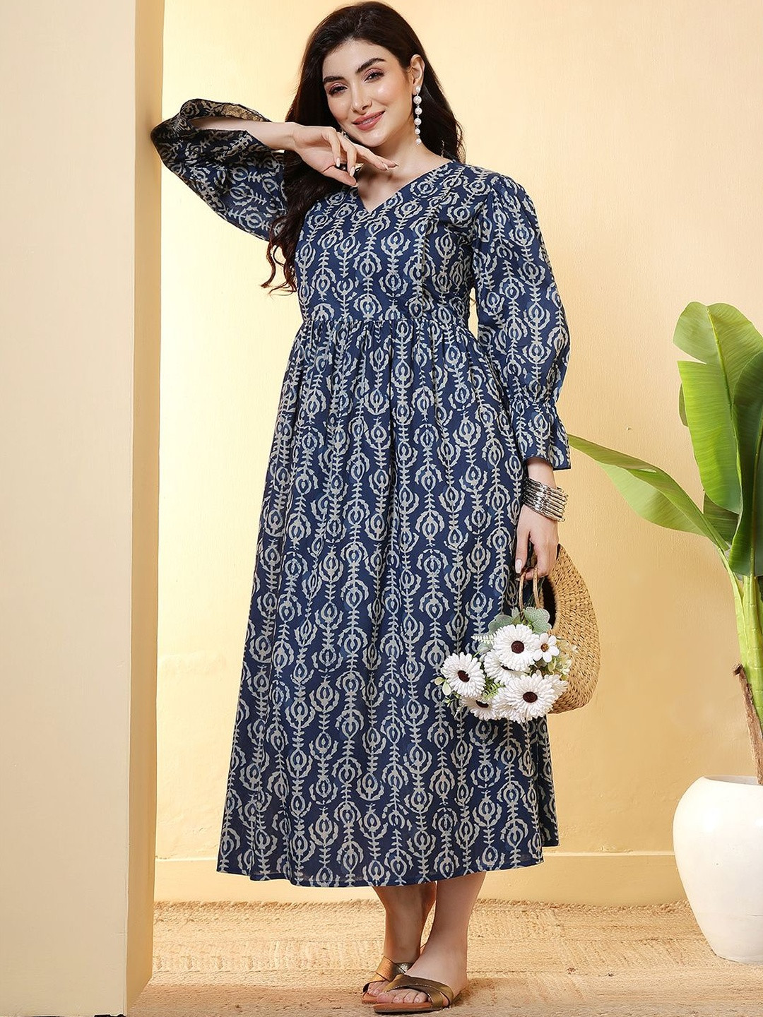 SZN Women Blue V-Neck Printed Long Sleeves Cotton Ethnic Dresses
