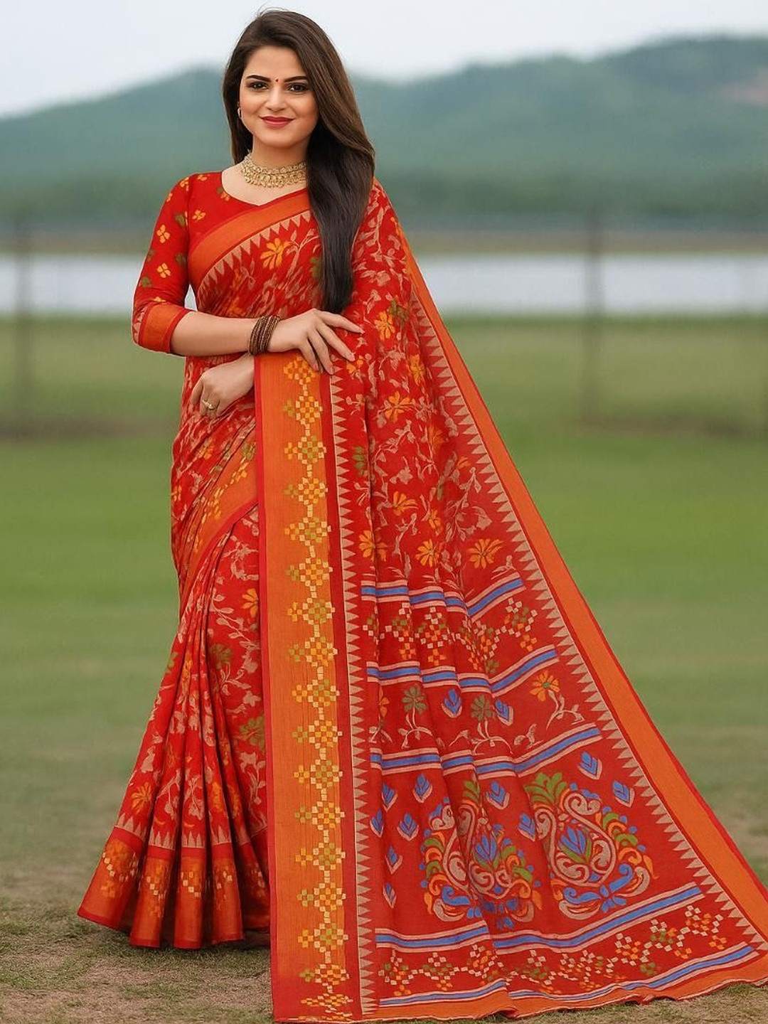 Moda Rapido Women Red Floral Printed Cotton Silk Saree
