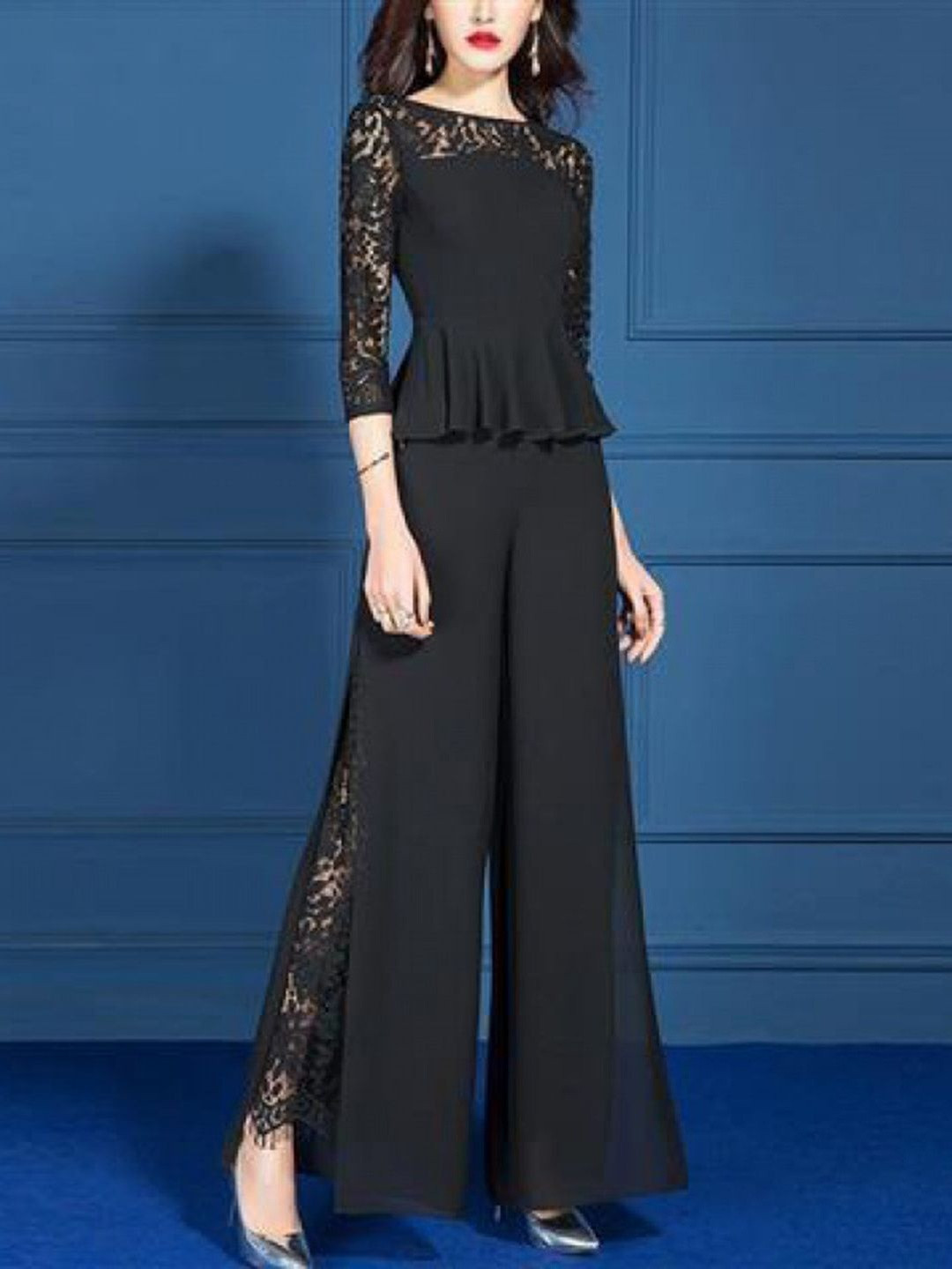HERE&NOW Women Black Solid With Lace Detail Co-Ords