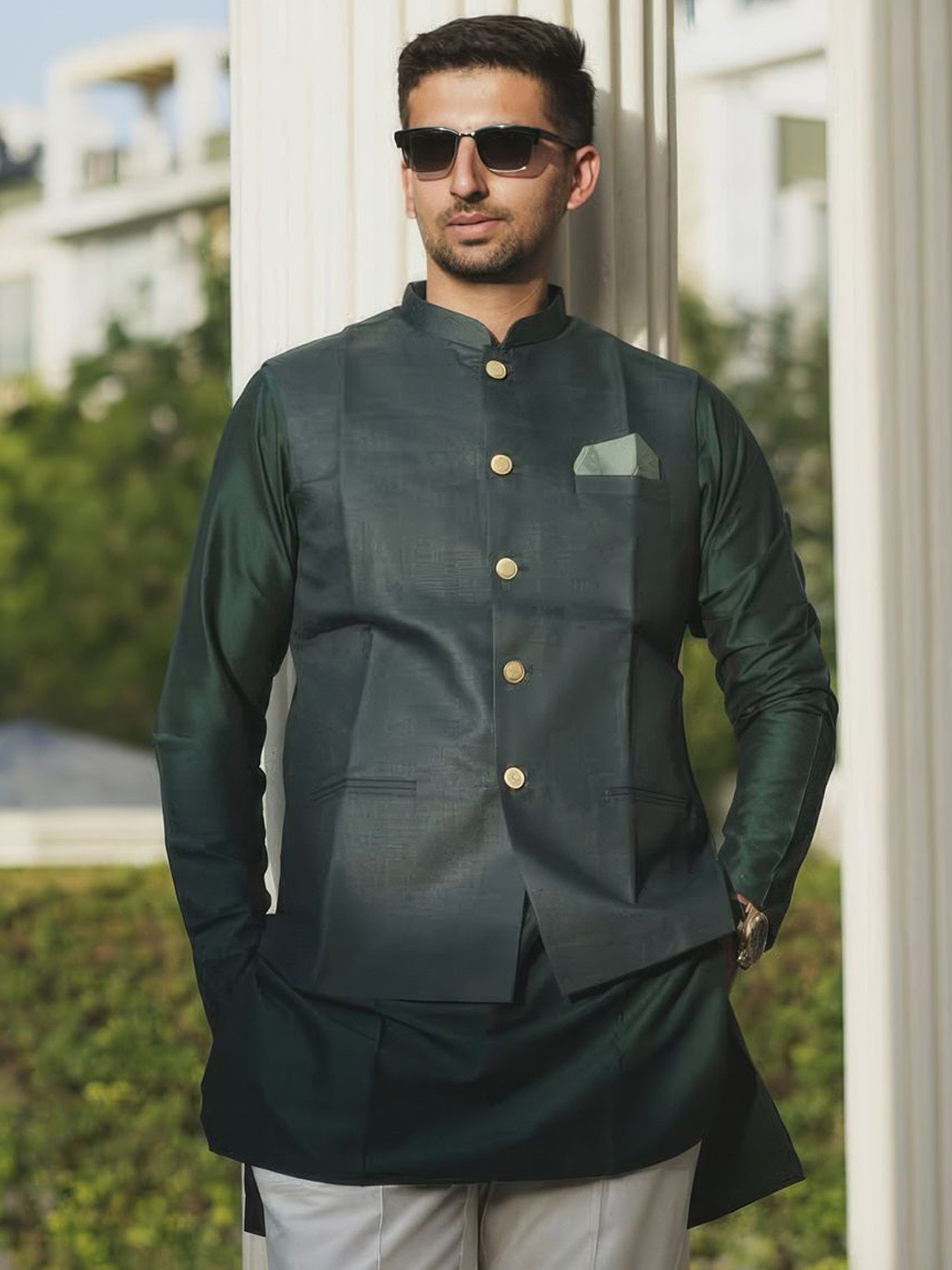 KISAH Mandarin Collar Straight Kurta With Trousers & Dyed Nehru Jacket Set