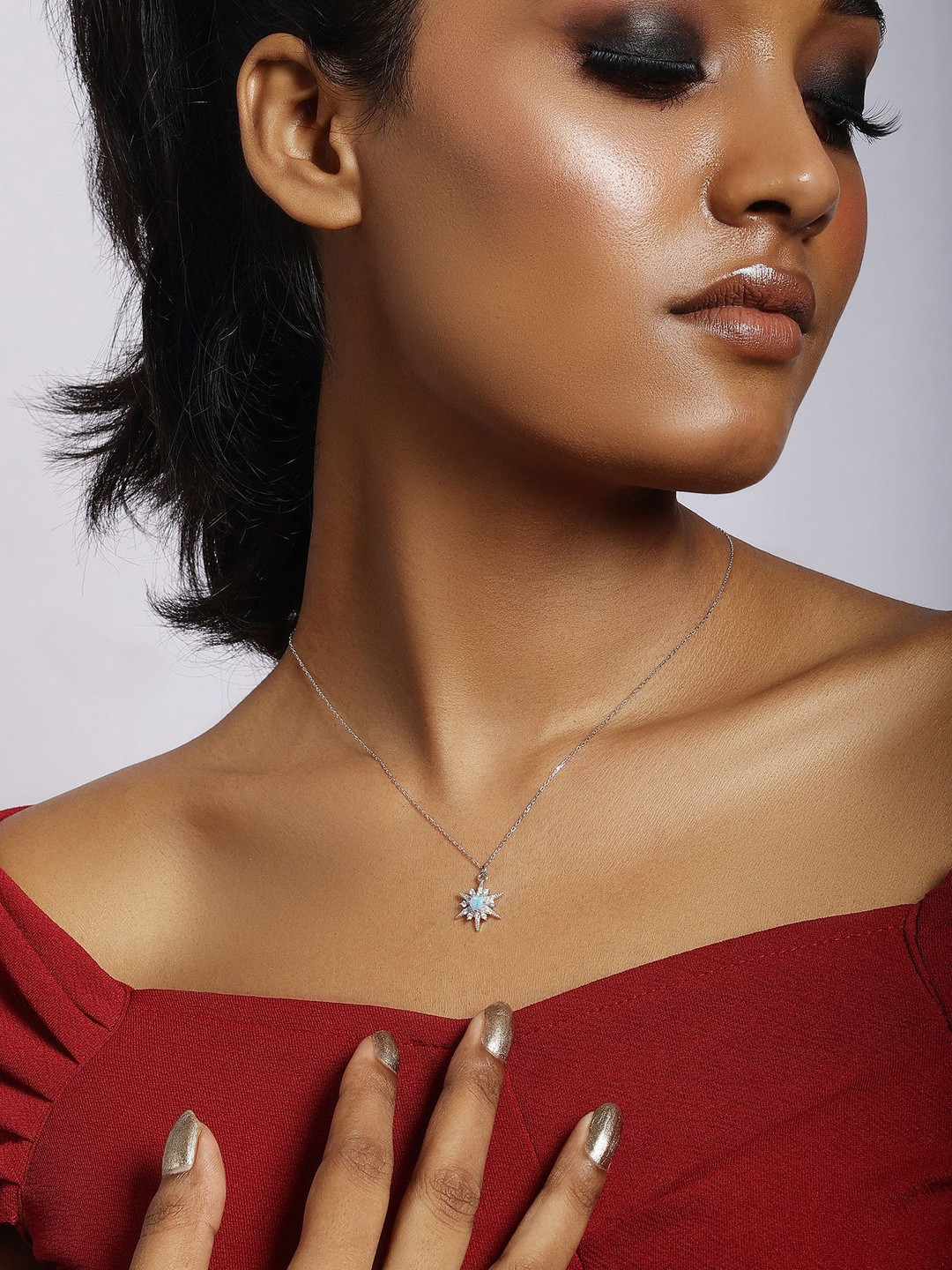 Tweov Women Rhodium-Plated 925 Sterling Silver Cubic Zirconia Studded Star Design Pendant