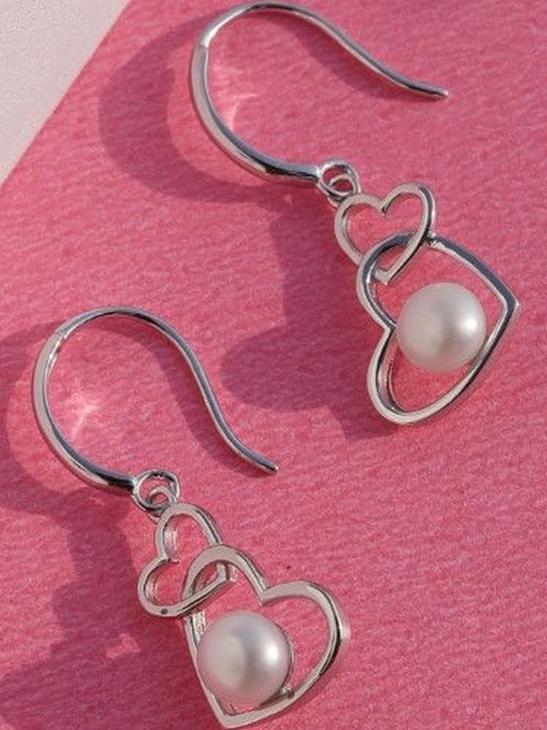 DIAVO 925 Silver Rhodium Plated Interlock Pearls Beaded Heart Shaped Drop Earrings