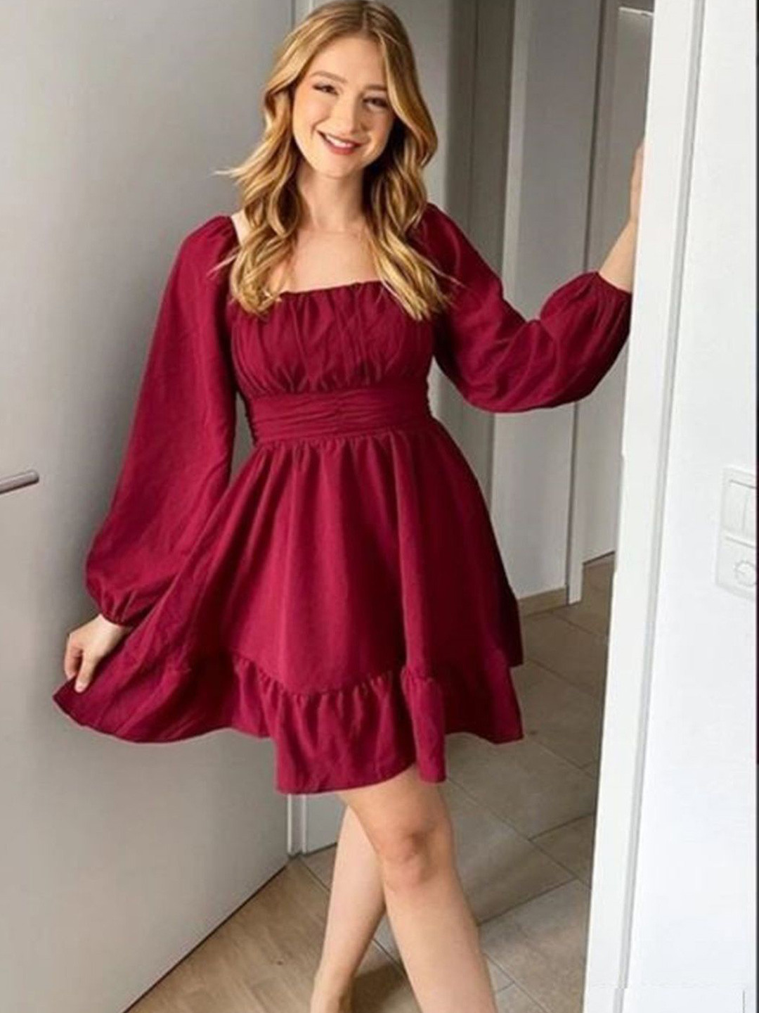 LUXESTYLE Women Square Neck Puff Sleeves Cotton Fit And Flare Midi Dress