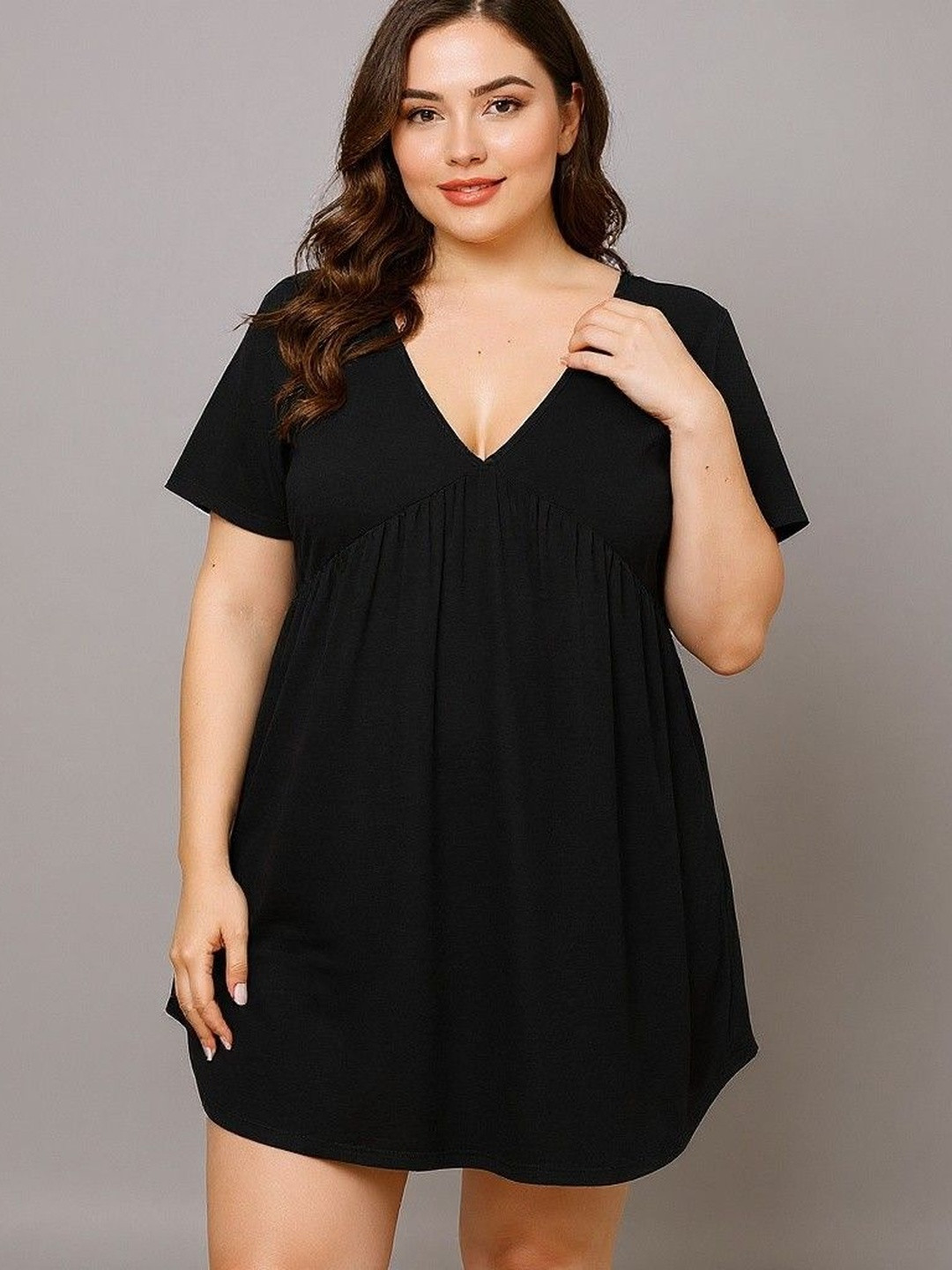 DressBerry Women Black Polyester V-Neck Solid A-Line Mini Dress
